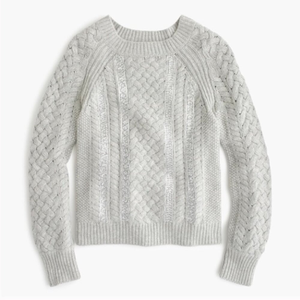 J. Crew Grey Cable Knit Pullover Sweater Crew Neck Sequin Stripe Size XS Women's